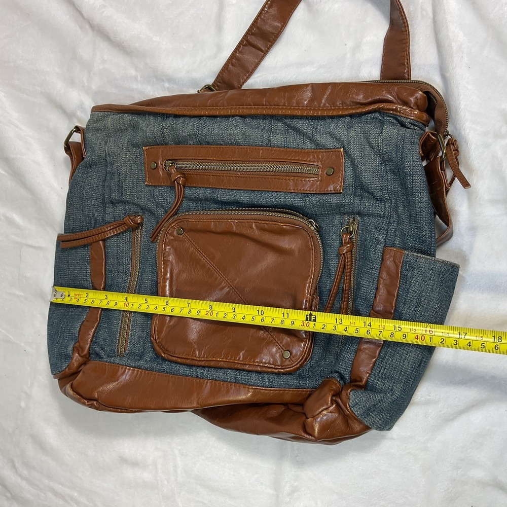 Vintage Denim Messenger Bag Brown Faux Leather Adjustable Strap Pockets 13 X 16 - Picture 4 of 8